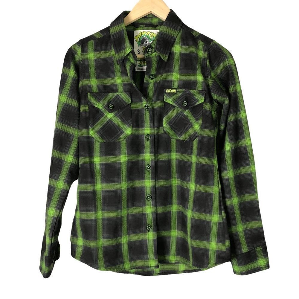 Dixxon Slimer Green and Black Plaid Flannel Button Up Shirt